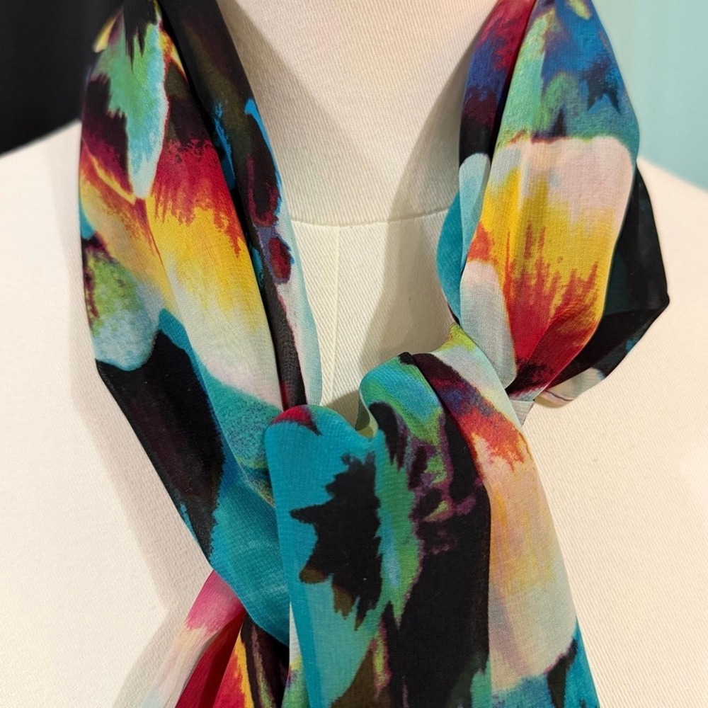 Calvin Klein Floral Pansy Chiffon Scarf Wrap Multi-Color OS Lightweight Boho - Picture 4 of 10